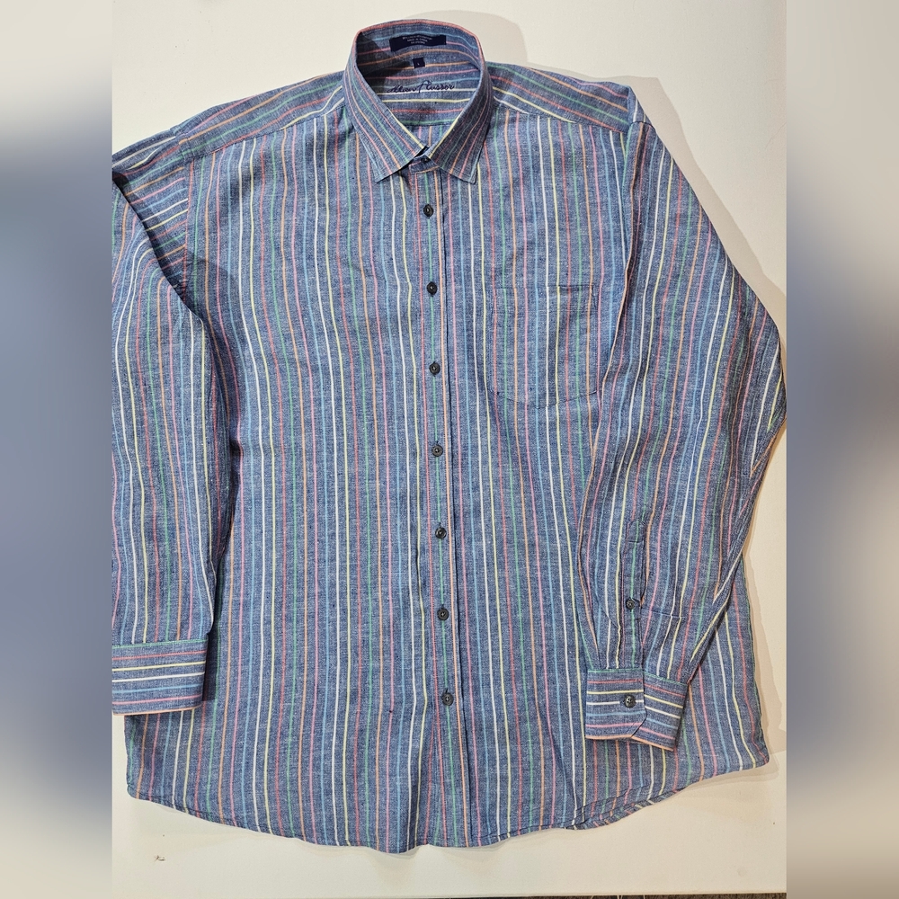 Alan Flusser Linen Blend Shirt Mens Large Blue Rainbow Stripe Button Down